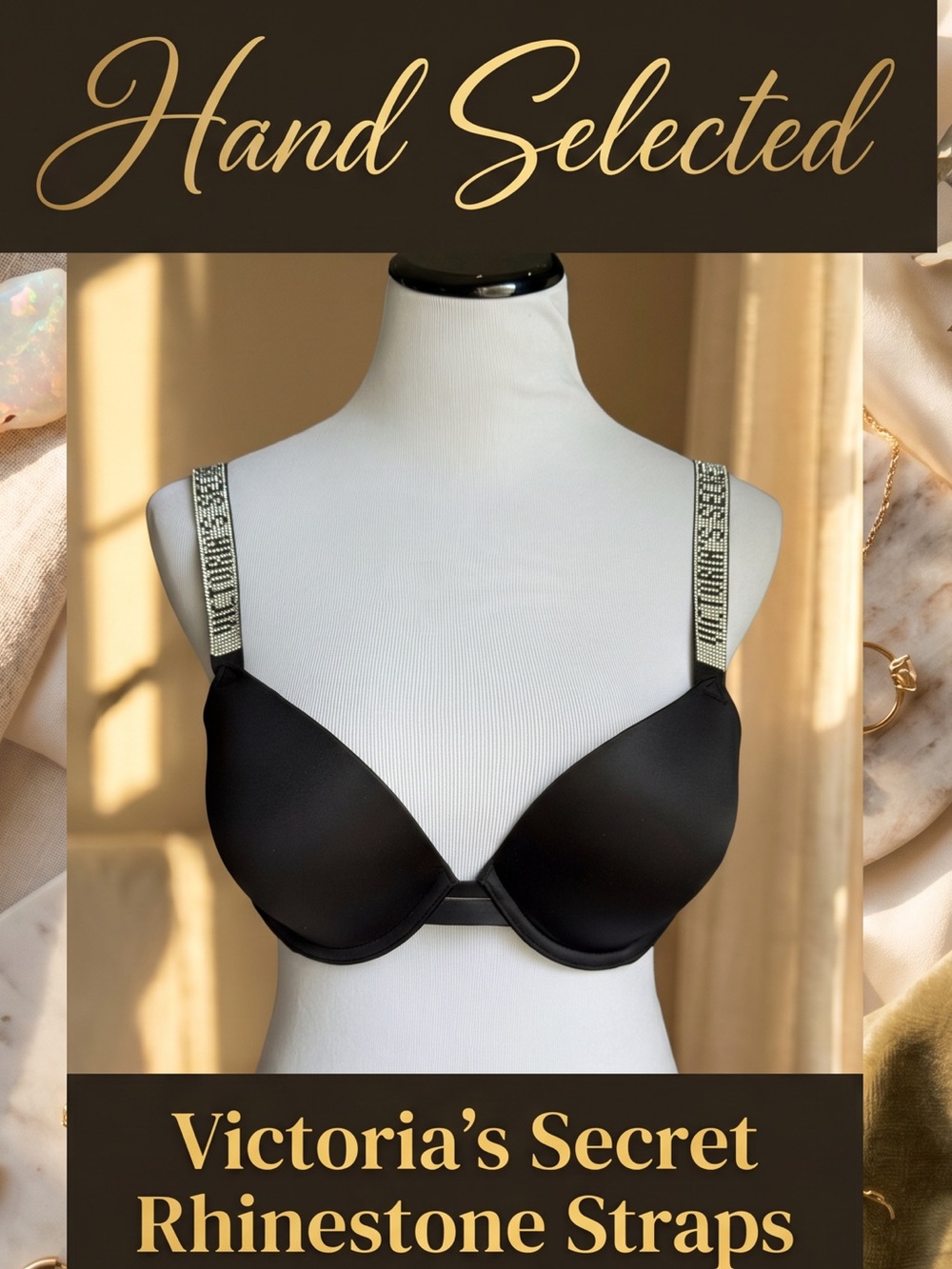 Victoria's Secret Black Bombshell Push-Up Bra with Crystal Logo Straps